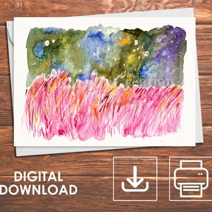 Carte imprimable, Pink Muhly Field Night Landscape, Pink Muhly Card, Carte numérique, Carte toutes occasions, Téléchargement numérique, Téléchargement instantané