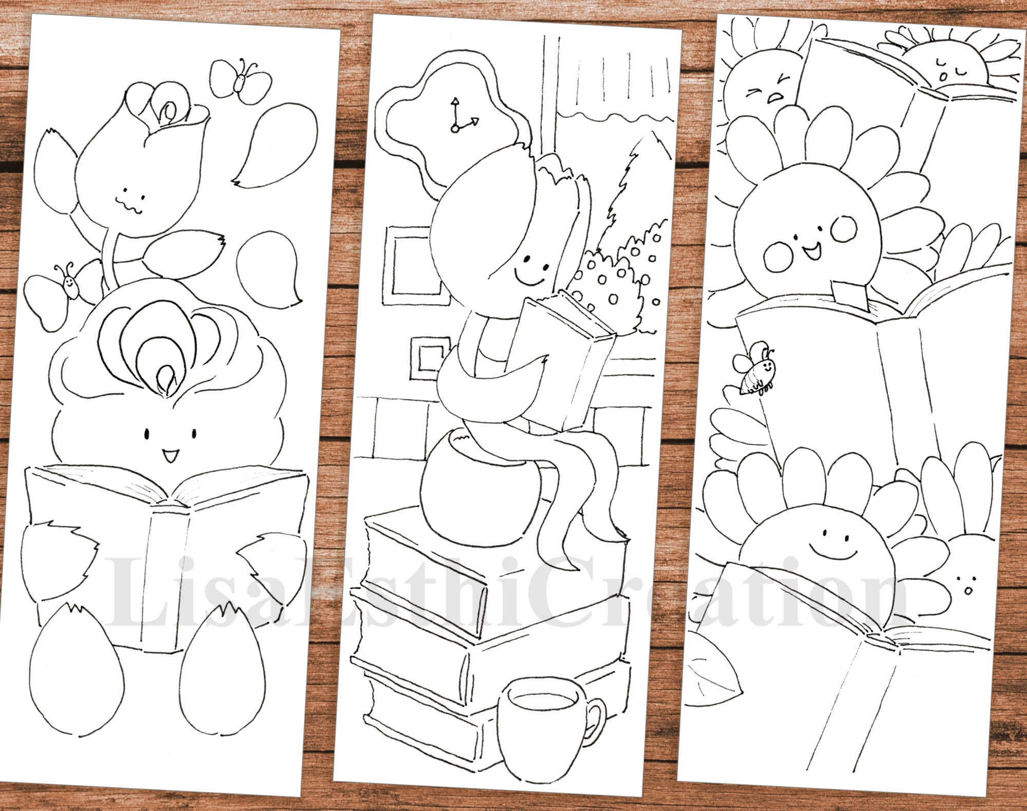 3 Printable Flower Coloring Bookmark Set - Reading Flowers, Bundle Book ...