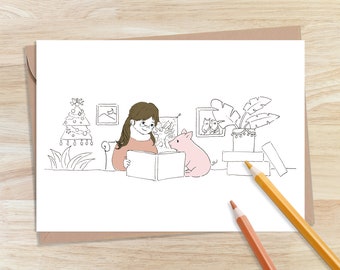 DRUCKBARE Niedliche Ferkel und ein Mädchen Malkarte | Sofort Download Malseite | Niedliches Tier Malbuch | Tier Illustration für Kinder
