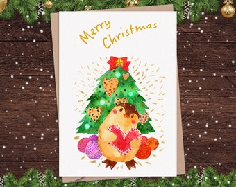PRINTABLE Penguin Christmas Card, Watercolor Animal Holiday Greetings Card, Original Design Card, Animal Illustration Card