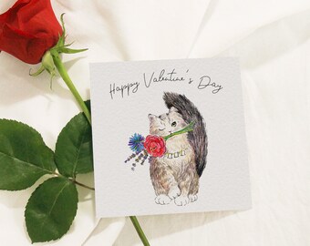 Valentine's Day Printable Card, A Gray Cat Holding Flowers, Cute Animal Valentines Day Card, Flower Bouquet Greeting Card, Instant Download