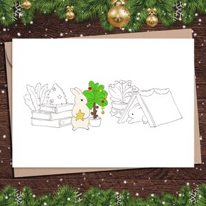 PRINTABLE Rabbit Coloring Card for Christmas, Digital Download Holidays Coloring Page for Kids, Rabbits Decorating Living Room for Christmas