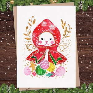 DRUCKBARE Kaninchen-Weihnachtskarte, Aquarell-Rot-Kapuzen-Kaninchen-Weihnachtskarte, niedliche Weihnachtstier-Illustrations-Karte für Kinder