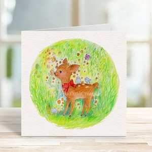 Rehkitz druckbare Karte, Tier Grußkarte, Geburtstagskarte für Kinder, Ein Hirsch mit Vögeln und Schmetterlingen, Karte für alle Gelegenheiten, Sofortiger Download