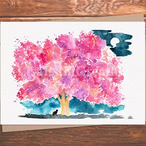 Carte de lilas imprimable, carte de fleurs aquarelle, paysage d'arbre lilas avec chat et pleine lune dans la nuit, carte d'art numérique, téléchargement immédiat