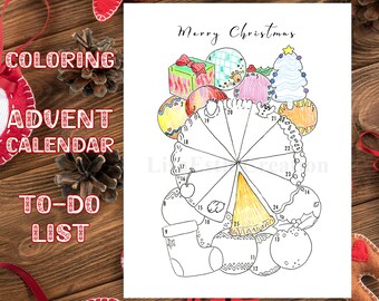 PRINTABLE Advent Calendar, Christmas Coloring Calendar, To-Do List, Advent Christmas Activity List, December Coloring Page, Instant Download