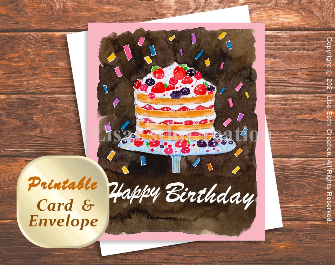 Printable Birthday Card and Envelope Set, Chocolate Birthday Cake
