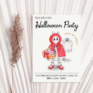 Printable Editable Halloween Invitation, Red Hood Ghost Girl and Her Pet Wolf, Halloween Party Invitation, CORJL Template, Instant Download