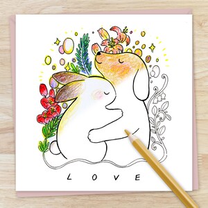 LOVE Carte à colorier imprimable, Carte de fête des mères, Un chat et un chien s’embrassant ensemble, Carte de famille, Carte de vœux pour animaux, Téléchargement instantané