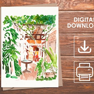 Printable Card, Garden Landscape with Sunlight from Window, Indonesia Scenery, Digital Postcards, All Occasion Greeting Card, Download Card
