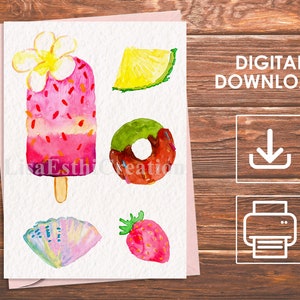 Carte de desserts imprimable, carte de desserts d'été, fruits, crème glacée, beignets, biscuits, carte de voeux toutes occasions, carte PDF, téléchargement numérique
