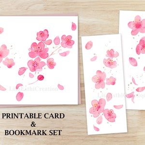 Kirschblüten druckbare Karte und Lesezeichen Set, Sakura Digitale Karte, Kirschblüten Lesezeichen, druckbare Blumen Lesezeichen, Sofortiger Download