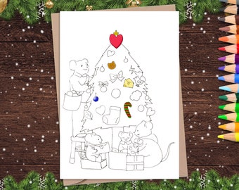 PRINTABLE Malseite Weihnachtskarte | Digitaler Download Feiertage Malkarte für Kinder, eine süße Maus Familie bereitet einen Weihnachtsbaum