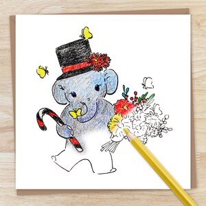 Carte imprimable de coloriage d'éléphant, page de coloration d'animal de bébé, bébé éléphant avec un chapeau tenant un bouquet de fleur et une canne, téléchargement immédiat
