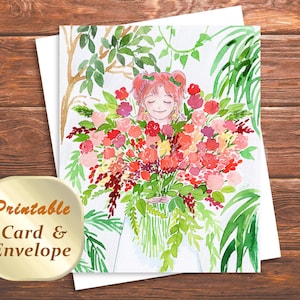Printable Love Card, Thank You Card, Valentine's Day CardHappy Birthday Card and Envelope, Flower Bouquet Girl, Digital Download