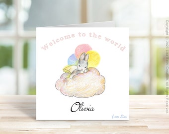 Carte ange bébé lapin modifiable imprimable, bienvenue dans le monde, carte de félicitations lapin pour l’arrivée d’un bébé, modèle de conception CORJL