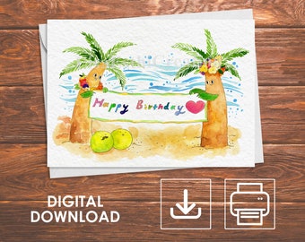 Druckbare Geburtstagskarte, Digitale Sommer Geburtstagskarte, Tropischer Sommer, Palmen Geburtstagsfeiern Grußkarte, Print-at-Home Karte