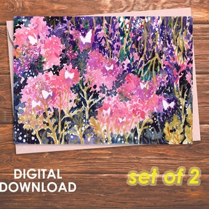 Druckbares Kartenset, Kartenset für alle Gelegenheiten, lila Schmetterlingswald, Schmetterling fliegt auf rosa Blumen, druckbare Karten, Sofortiger Download