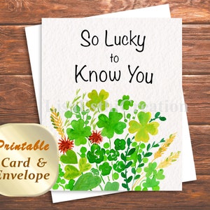Carte imprimable de la Saint-Patrick, carte et enveloppe de la chance de vous connaître, trèfles à quatre feuilles verts, fête irlandaise, téléchargement immédiat