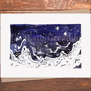Printable Card Watercolor Ocean View at Night (Bali, Indonesia), Instant Download