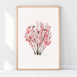 Druckbare Pflaume Wandkunst, rote Pflaume Blütenbaum, digitale rote Blumen Baum Kunstdruck, abstrakte digitale Wandkunst, druckbare Blumen-Wand-Dekor