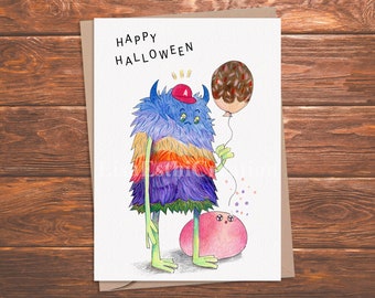 Printable Halloween Card, Furry Monster, Slime and Cookie Balloon, Monsters Going Out on Halloween, Digital Halloween Card, Instant Download