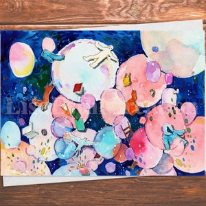 Carte de vœux aquarelle imprimable pour toutes les occasions, détendez-vous sur les bulles, illustration Space Fantasy, carte numérique