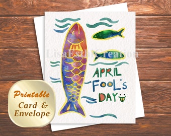 Druckbare Aprilscherz Karte und Umschlag, Regenbogen Fisch Digitale Karte, 1. April Grußkarte, druckbare PDF Karte, Sofort Download
