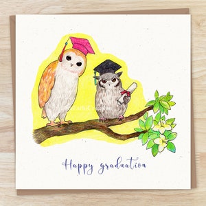 Cartão de formatura para impressão, cartão de coruja de feliz formatura, presente de formatura, pássaros usando boné de almofariz, cartão de felicitações, download instantâneo