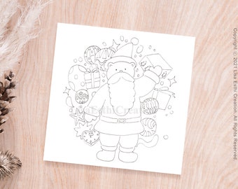 May include: A black and white line drawing of Santa Claus holding a gift bag and surrounded by Christmas ornaments, stars, and presents.