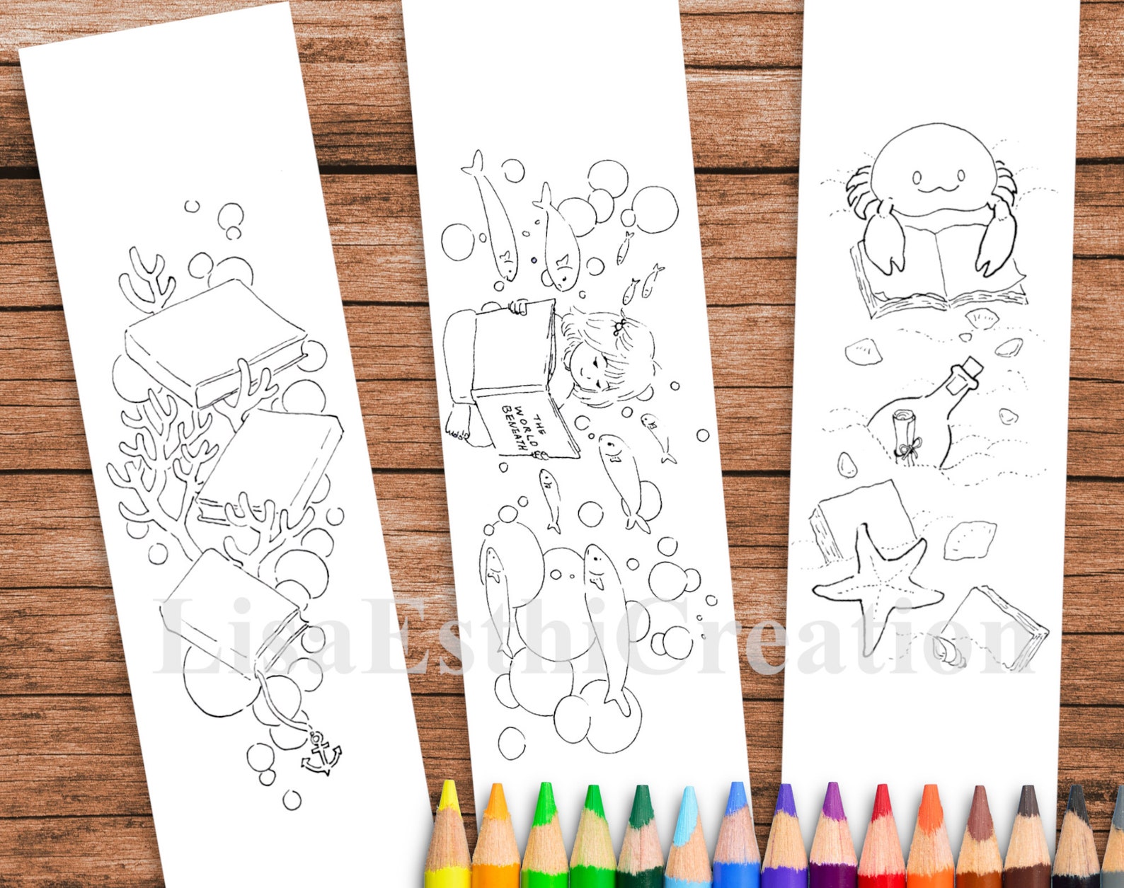 3 Printable Coloring Bookmark Set Under The Sea Theme | Etsy