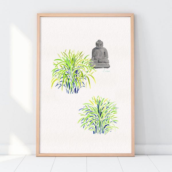 Printable Wall Art Buddha Garden, Abstract Watercolor Buddha Statue, Stone Buddha Statue Painting, Digital Art Print, Buddhist Art, Poster