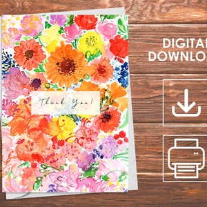 Druckbare Blumen Dankeskarte, Valentinstag Blumen Grußkarte, Blumen Garten Dankbarkeit Karte, Florale Postkarten, Sofort Download