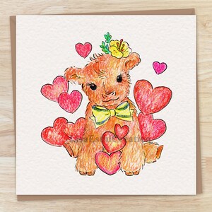 Belle carte imprimable de vache de bébé, carte animale mignonne, carte de veau de bébé, carte numérique animale mignonne, vache avec des coeurs roses, téléchargement immédiat