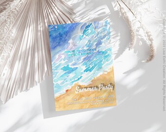Può includere: Un invito ad acquerello per una festa estiva con una scena di spiaggia blu e gialla. Il testo recita "Unisciti a me per festeggiare il mio 24° compleanno. Festa estiva. Sab 17 luglio 2023 alle 17:00. Huntington Beach 1532 Summer Way CA. RSVP entro il 1° luglio 2023."