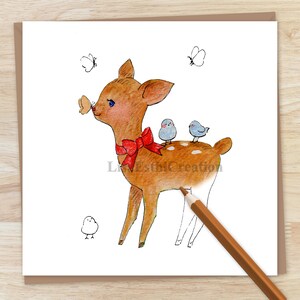 Herten afdrukbare kleurkaart, een reekalf met vogels en vlinders, kaart voor alle gelegenheden, dierenbriefkaart, kleurplaat, Instant Download