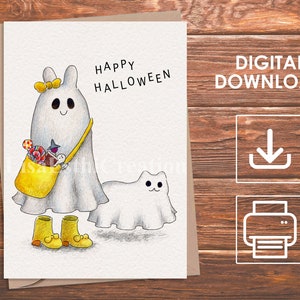 Carte d'Halloween imprimable, carte numérique Happy Halloween, papeterie d'Halloween, Ghost Girl et son animal de compagnie Trick-or-Treating, téléchargement immédiat