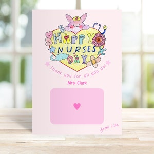 Carte d'infirmière imprimable, bonne journée des infirmières, porte-carte cadeau de la semaine des infirmières, carte d'infirmière de remerciement, infirmière de lapin sur un coeur, carte personnalisée