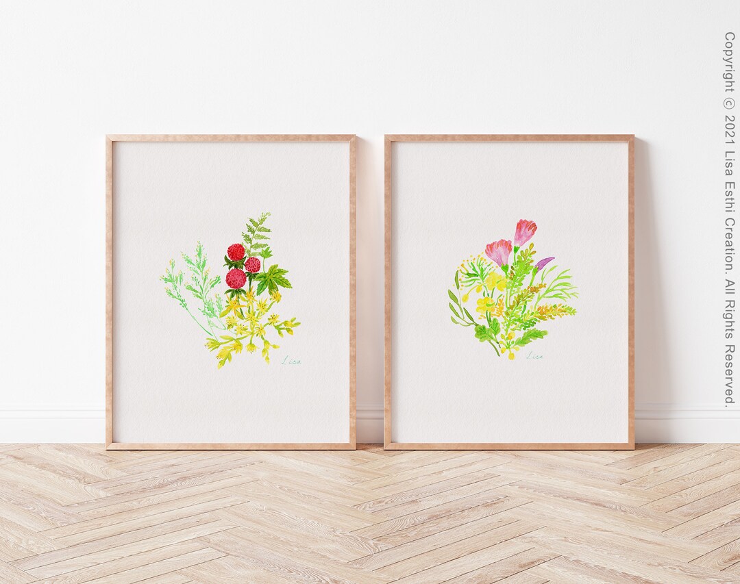 Printable Wall Art Set of 2 Watercolor Wildflower Bouquets, Digital Art ...