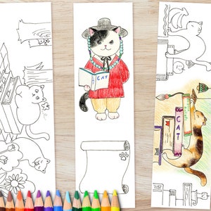 Printable Cat Bookmark Set, 3 Cat Coloring Bookmark Bundle, Hanbok Korean Costume Cat, Animal Bookmarks, Instant Download, Digital Download