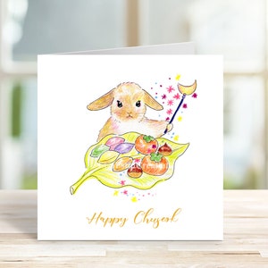 Cartões para impressão, cartão Happy Chuseok Rabbit, conjunto de 2, cartão Songpyeon, feriados coreanos, cartão de cultura coreana, cartão de animal fofo, adequado para veganos