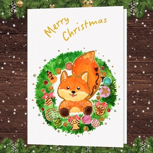 Carte d’animal de Noël imprimable, bébé renard roux avec une couronne de fleurs, carte de joyeux Noël, carte de vœux de Noël à téléchargement instantané
