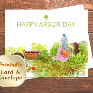 Carte imprimable Arbor Day et enveloppe, fille et chien sur un pique-nique après la plantation d'arbres, carte de voeux Happy Arbor Day, téléchargement immédiat