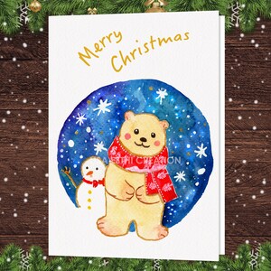 印刷可能な赤ちゃんクマのクリスマスカード、水彩動物のホリデーグリーティングカード、オリジナルデザインのクマの子のクリスマスカード、動物のイラストカード