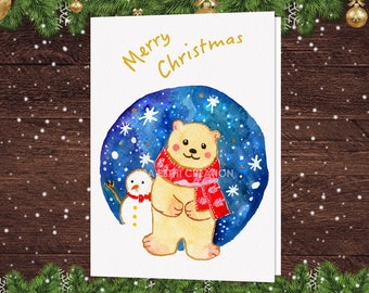 PRINTABLE Baby Bear Christmas Card, Watercolor Animal Holiday Greetings Card, Original Design Bear Cub X-mas Card, Animal Illustration Card