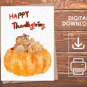 Carte imprimable de Thanksgiving, Happy Thanksgiving, écureuil mangeant des cacahuètes dans son nid de citrouille, carte postale numérique, carte PDF, téléchargement numérique