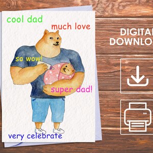 Cartão de dia dos pais para impressão, cartão engraçado para o pai, pai de cachorro segurando o cachorrinho para alimentação, cartão de paródia de cachorro Shiba, cartão para imprimir em casa, cartão digital