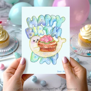 Cartão de aniversário editável para impressão, cartão de aniversário com selo, cartão de animal fofo, cartão vegano, cartão de felicitações, CORJL download instantâneo