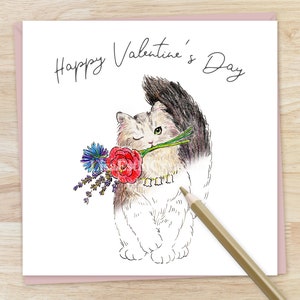 Carte de Saint Valentin à colorier imprimable, un chat tenant des fleurs, carte de Saint Valentin Animal mignon, carte de coloriage, téléchargement immédiat