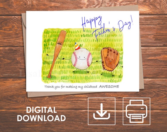 Printable Father's Day Card, Playing Catch With Dad, Cute